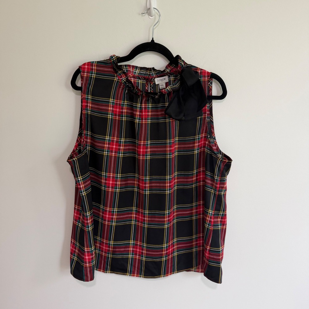 J.Crew XXL Stewart Tartan Plaid Sleeveless Bow Neck Ruffle Top